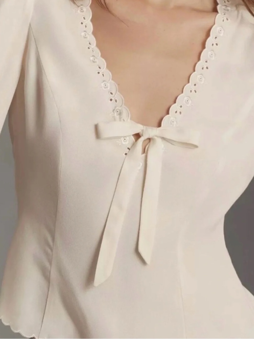 Reformation Ivory Scalloped Tie-Neck Blouse - Picture 3 of 8